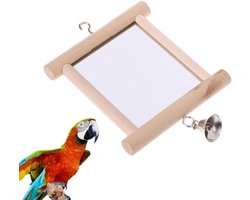 Vogelspeelgoed voor training en verrijking - Houten spiegel met bel - Papegaaienspeelgoed met dubbele baars en zijstandaard - Kooiaccessoires met papegaaienschommel - Geschikt voor vogels met speelhouten - 100% natuurlijk materiaal