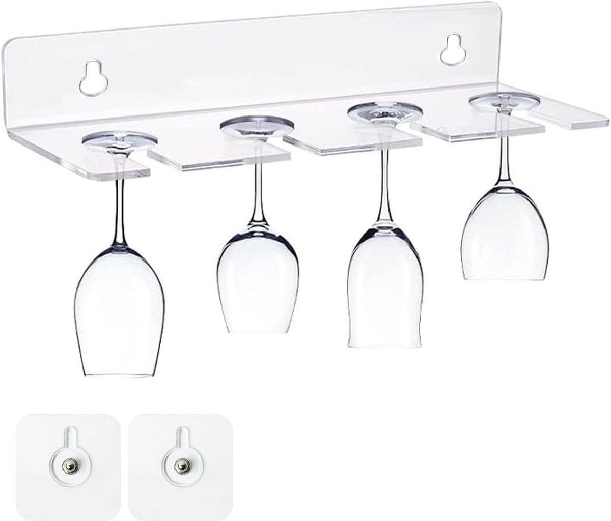 Allecto Plus - Hangende wijnglashouder van acryl - Transparant - Hangende bekerhouder voor 4 wijnglazen - Plankhouder met zelfklevend - Voor keuken, bar en restaurant - 1 stuk