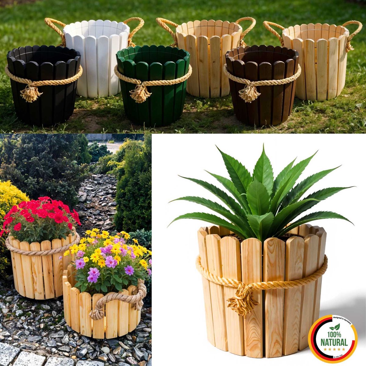 Floranica ronde bloempot 30 x 33 cm van grenenhout, plantenpot, bloembak, kruidenpot voor huis en tuin, voor binnen- en buitengebruik, naturel