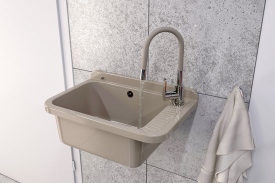 Granitan Zwarte Gootsteen Voor Garage En Wasruimte - Inclusief Sifon En Kraan 58x38x26 Cm