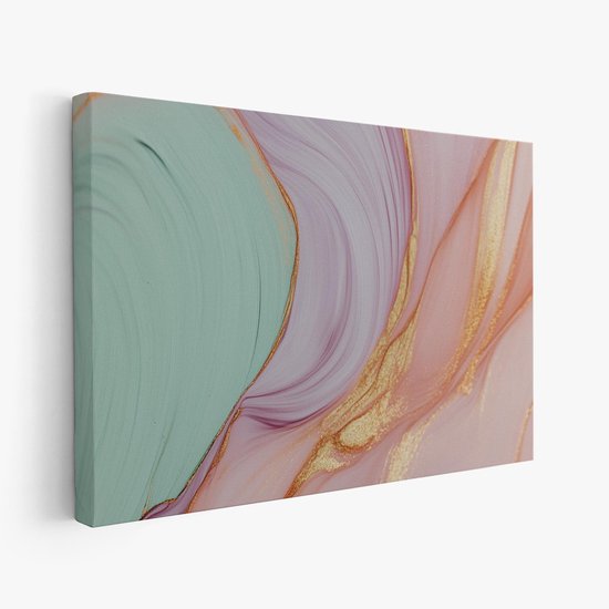 FineArtia - Peinture abstraite rose-vert vibrante - Toile - 90 x 60 cm - Décoration de salon - Blauw, rose, Argent - Décoration murale murale pour chambre à coucher