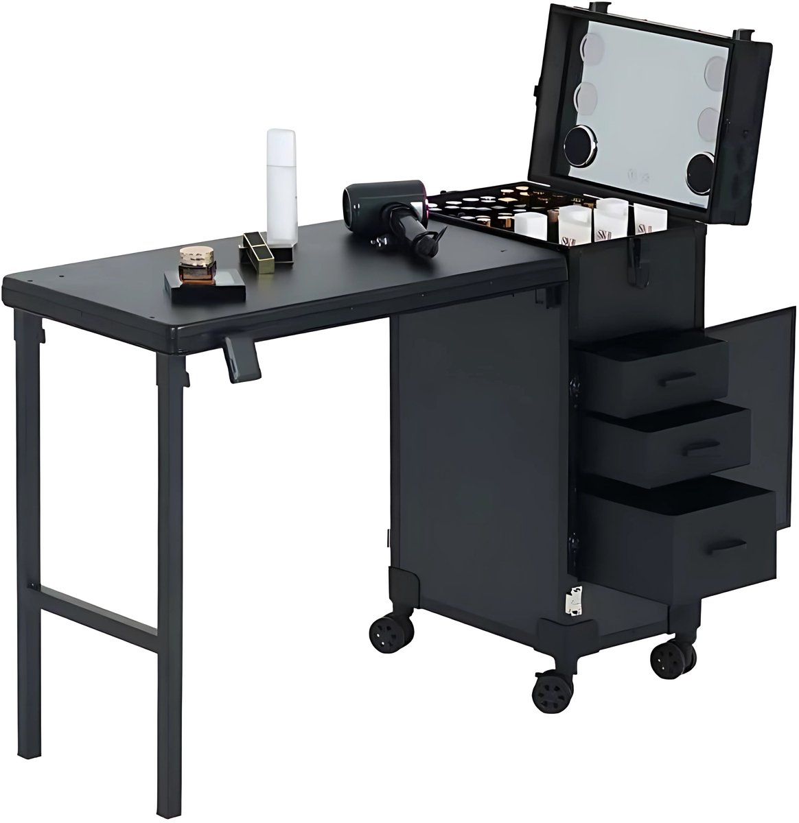 Guardian Beauty - Manicuretafel - Rollende tafel - Met LED-Spiegel - Bluetooth Luidspreker - Cosmetische trolley - Opbergorganisator - Make up koffer - Zwart - Met 4 Wielen