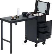 Zwarte cosmetische trolley met uitschuifbare tafel en spiegel, op een witte achtergrond.