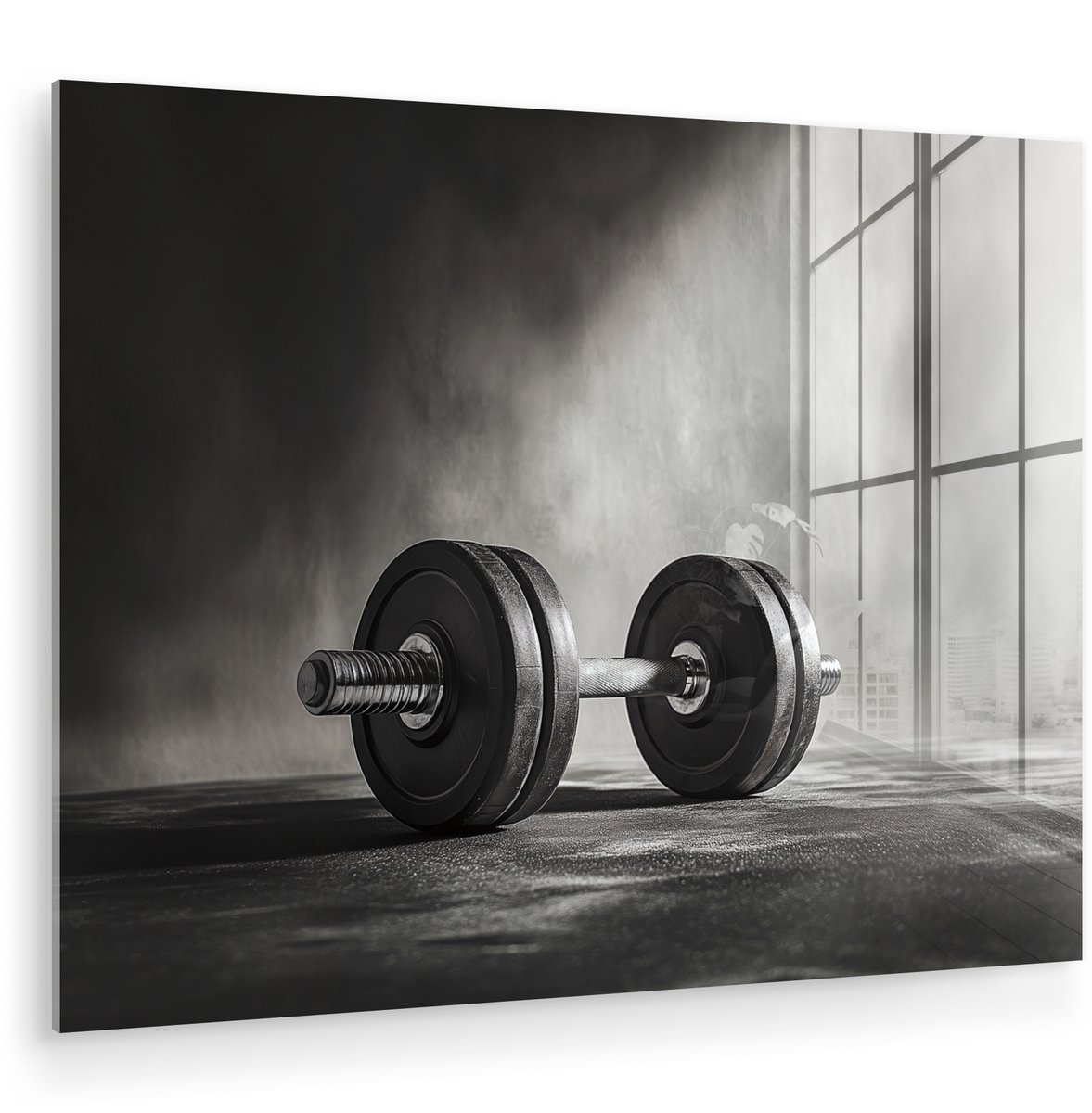 MuchoWow® Glasschilderij 80x60 cm - Schilderij acrylglas - Halter - Gewichten - Zwart - Foto op glas - Muurdecoratie woonkamer - Wanddecoratie slaapkamer - Schilderijen