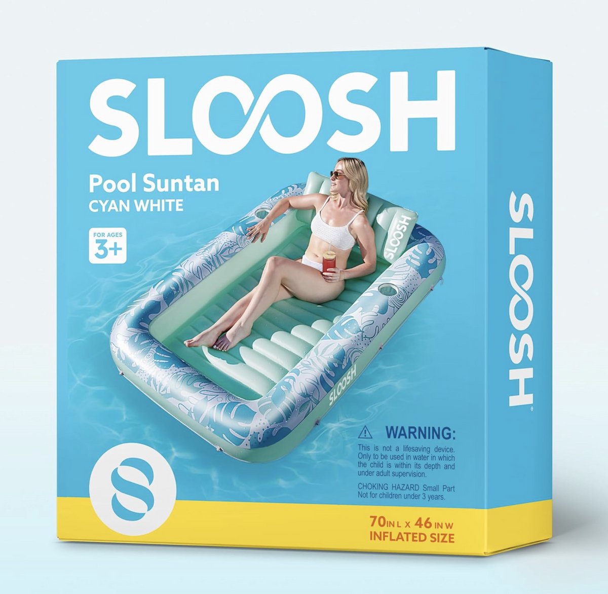 SLOOSH Opblaasbaar zwembadbed, drijvend, extra groot zwembadvlot, voor volwassenen, met kussen, 4-in-1 zonnebad, loungebed, zonnebed, ballenbak feestcadeau, 178 x 117 cm, L-cyaan wit SLOOSH Opblaasbaar zwembadbed, drijvend, extra groot zwembadvlot, voor volwassenen, met kussen, 4-in-1 zonnebad, loungebed, zonnebed, ballenbak feestcadeau, 178 x 117 cm, L-cyaan wit