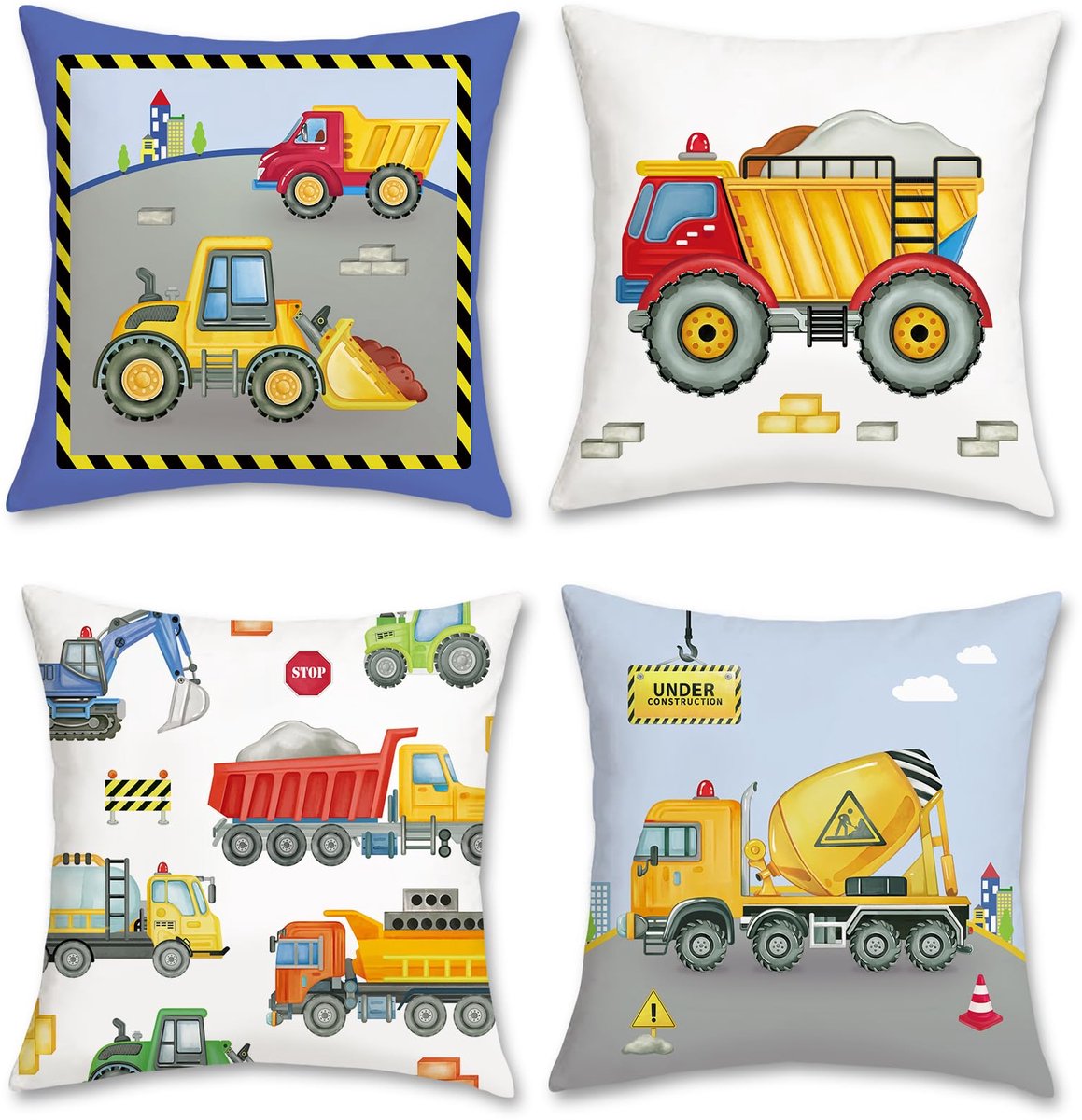 Ibenzoa Decoratieve Kinderkussenslopen Set van 4 met Speelgoedauto en Graafmachine Ontwerpen