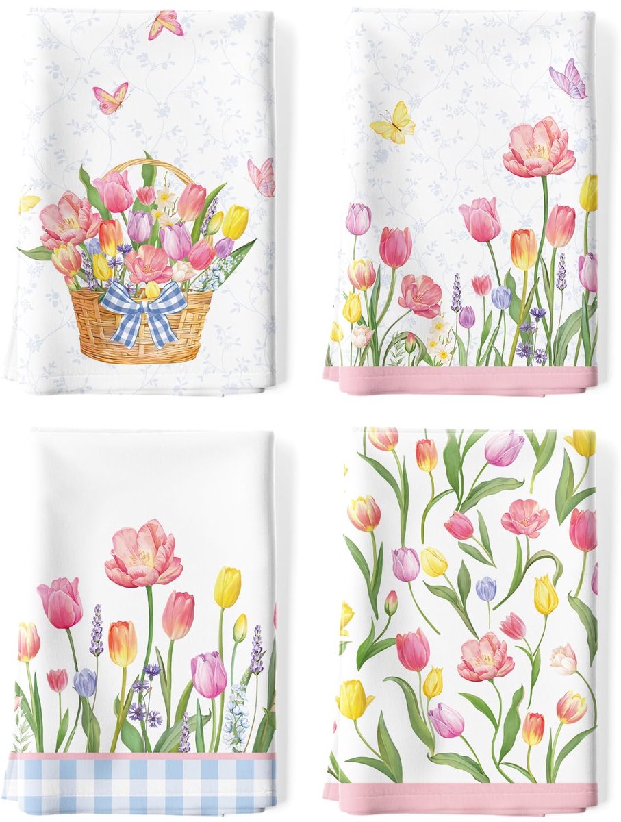 Ibenzoa® Set van 4 decoratieve katoenen keukendoeken met lentebloemen en tulpenmotief