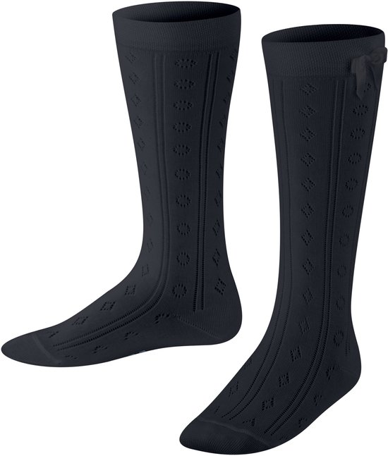 Donkerblauwe kniekousen met ajourpatroon en strikje, met voet.