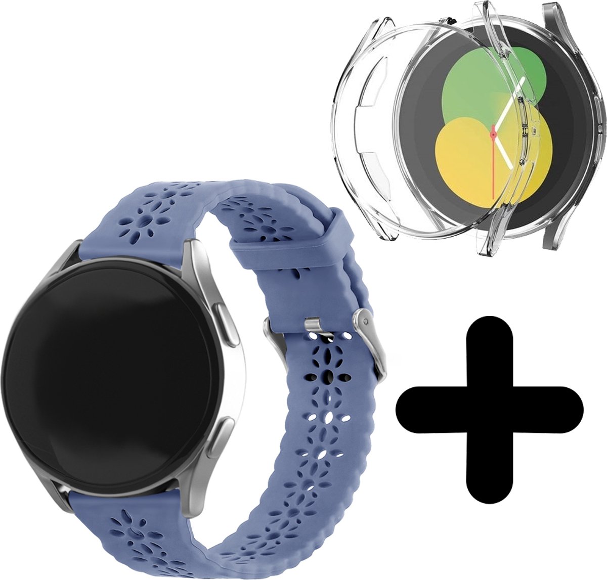 Strap-it bandje geschikt voor Samsung Galaxy Watch 5 40mm siliconen bandje met patroon (lavendel grijs) - Band siliconen Galaxy Watch 5 40 mm - Incl. screenprotector case bescherming - Hoesje beschermhoes beschermer - Transparant full cover hardcase