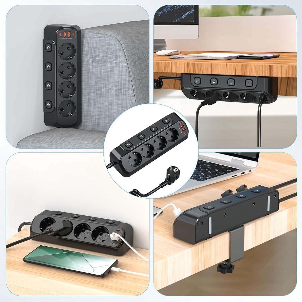Tafelstopcontact met USB C (PD 20W), 8-in-1 stekkerdoos, bureau met schakelaar, 4-voudig meervoudige stopcontact, 4 USB, overspanningsbeveiliging met 2 m kabel voor thuis en kantoor (zwart Tafelstopcontact met USB C (PD 20W), 8-in-1 stekkerdoos, bureau met schakelaar, 4-voudig meervoudige stopcontact, 4 USB, overspanningsbeveiliging met 2 m kabel voor thuis en kantoor (zwart
