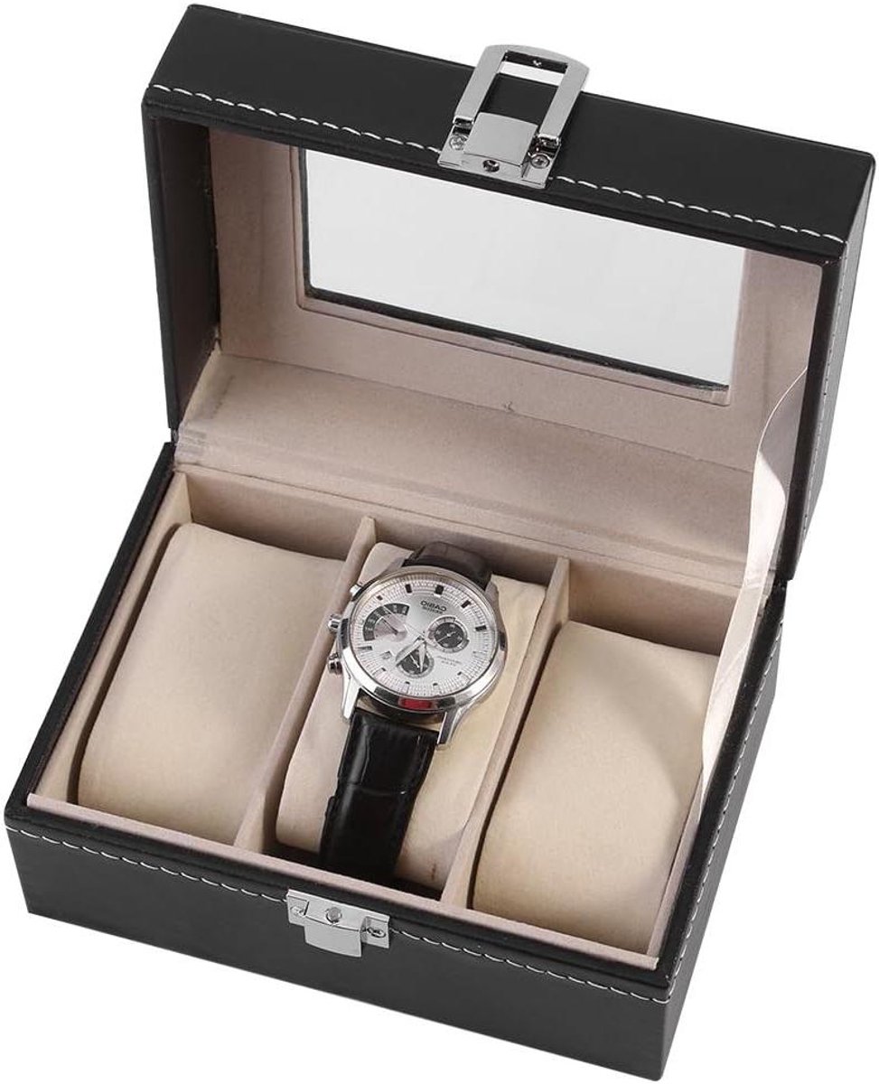 Allecto Plus - Houten Horlogekast met Glazen Venster - Sieradendisplay voor Armbanden - Zwart - Opbergorganisator met 3 Slots