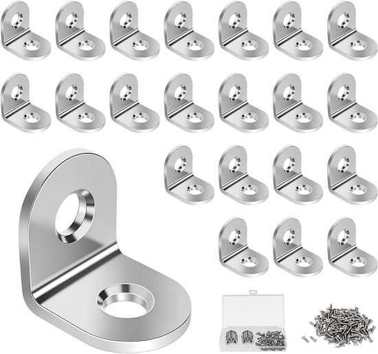 Allecto Plus - Connecteurs d'angle 20 x 20 mm 22 pièces coins en acier inoxydable - Forme en L 90 degrés - Angle de montage pour meubles en bois - Y compris 48 vis - Tables, chaises, équerre d'angle de fenêtre