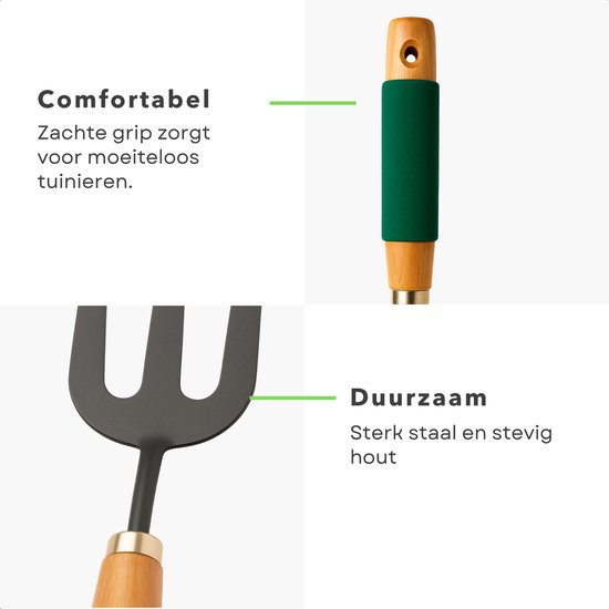 Cheqo® Tuingereedschap Set - Tuin Gereedschap Set - Tuingereedschapset - Hark - Spitvork - Plantschep - Tuin Accessoires - Voor Klein Tuinwerk - Houten Handvat - 27 cm van Cheqo — afbeelding 2
