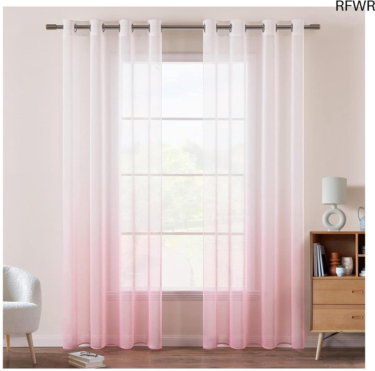 RFWR Transparante Voile Gordijnen met Kleurverloop voor Slaap- en Woonkamer – Set van 2 – 137 x 140 cm wit roze-z
