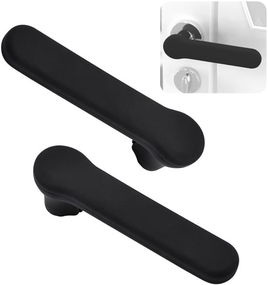 Deux cache-poignées de porte noirs mats en silicone. Une petite insertion montre une poignée de porte avec une housse.