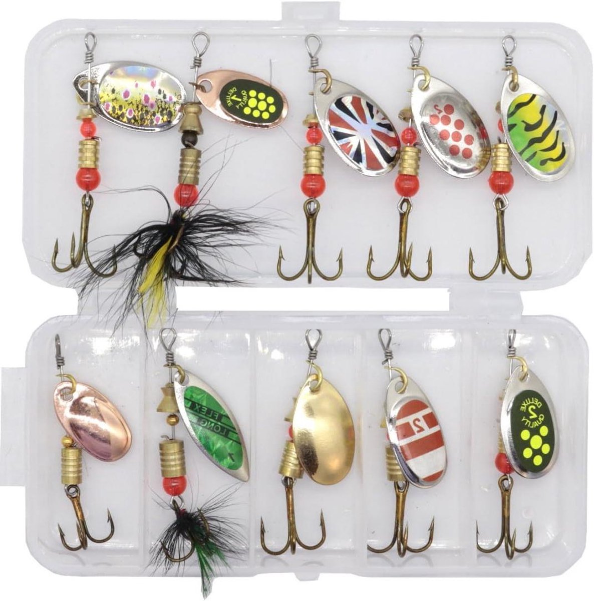 Set van 10 stuks metalen spinner knipperlichten met lovertjes en drielingen haken - Aasvishaken voor zout en zoet water - Baars, makreel, forel, meerval - (willekeurige kleur)