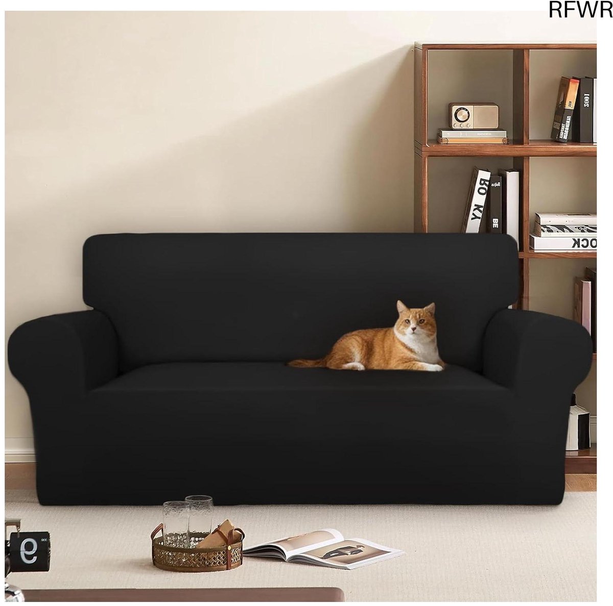 RFWR® Velours Elastische Krasbestendige Bankhoes voor 3 Zitplaatsen (180-260CM) - Universele, Super Zachte en Comfortabele Bescherming - Zwart