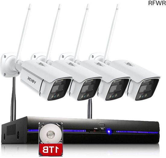 RFWR® 3MP Bewakingscamera Systeem Buiten Wifi met Spotlight en 1TB Harde Schijf, Draadloze CCTV Camera, 4x1296P Videobewakingsset met Tweeweg Audio