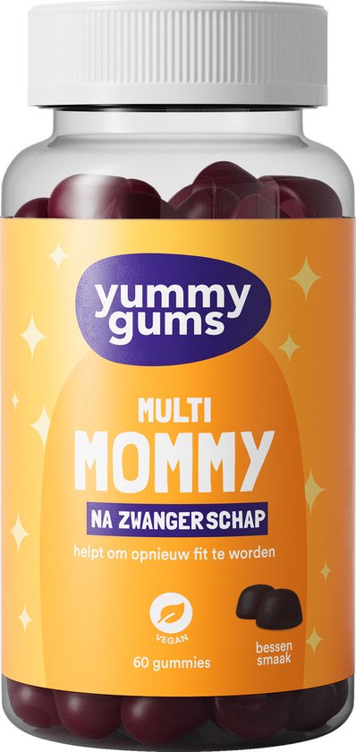 Gele pot Yummy Gums Multi Mommy, 60 vegan gummies met bessensmaak voor na de zwangerschap.