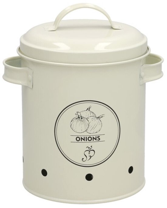 Bocal/boîte de conservation pour oignons Gerimport - métal - crème - 17 x 20 cm - bocal de conservation/de conservation