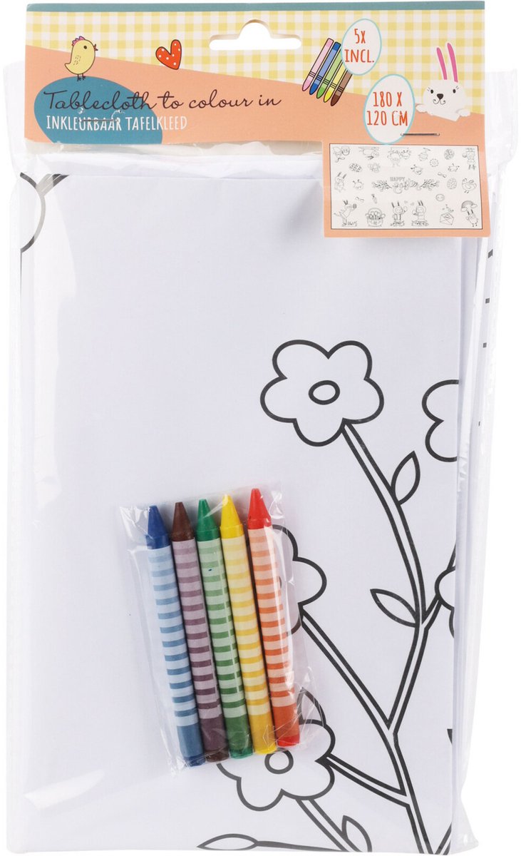 Pasen thema tafelkleed - inkleurbaar - 180 x 120 cm - tafellaken - inkleuren - kinderen - papier
