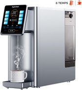 Zilverkleurige waterdispenser met aanraakscherm dat 8 temperaturen en kopje met stoom toont.