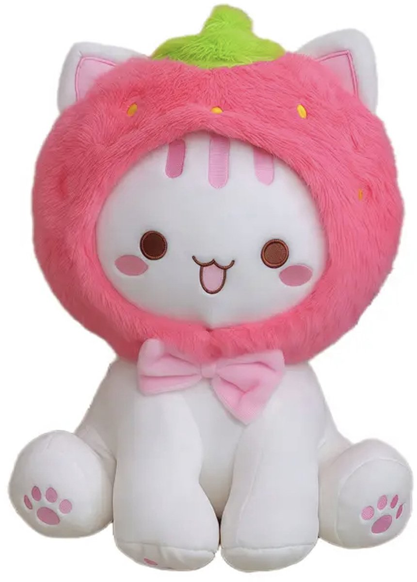 Creasowl® – Katten Knuffel met Aardbeien Mutsje – Kawaii Knuffel Kat 25 cm – Zachte Pluche Kattenknuffel – Schattige Knuffel – Cadeau Meisje of Kind