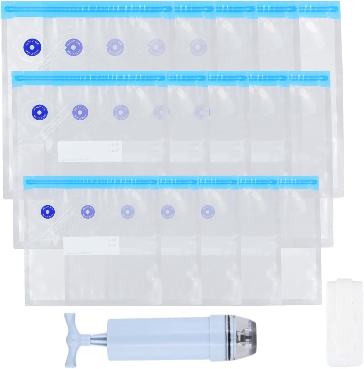 Allecto Plus - Vacuüm Sealer Opbergzakken Voor Voedsel - 15 Stuks - 3 Maten - Herbruikbare Diepvrieszakken - Snackverpakkingszak - Vlees Fruit Opbergzakken - Handpomp - Glijdende Rits zakken
