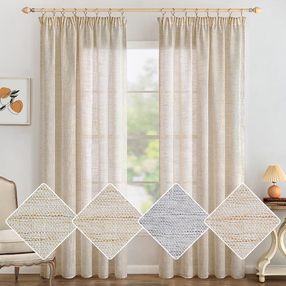Ibenzoa® Linnenlook Gordijnen met Plooiband voor Woonkamer en Slaapkamer - Set van 2 Stuks, 140 x 175 cm, Wit