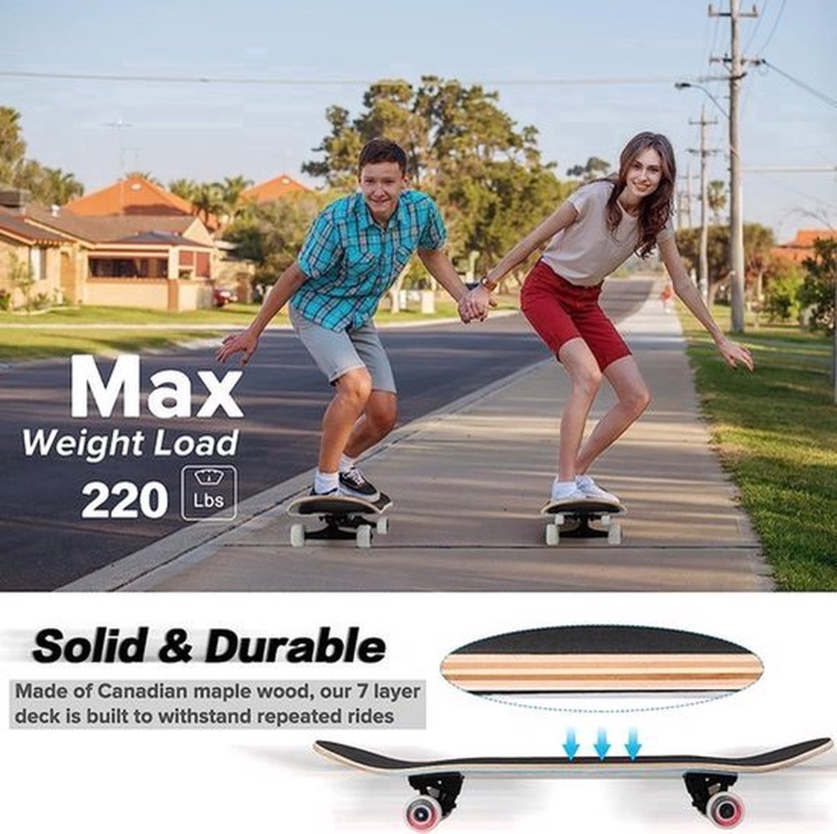 Suotu Skateboard - 80x20cm - ABEC-9 - 95A - Schokabsorptie - Jongens - Meisjes - Volwassenen Skateboards — afbeelding 6