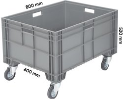 Euronorm bak - Povag - 800x600 mm - 520 mm hoog - Grijs - Kunststof palletbox met wielen - MKP.507.01