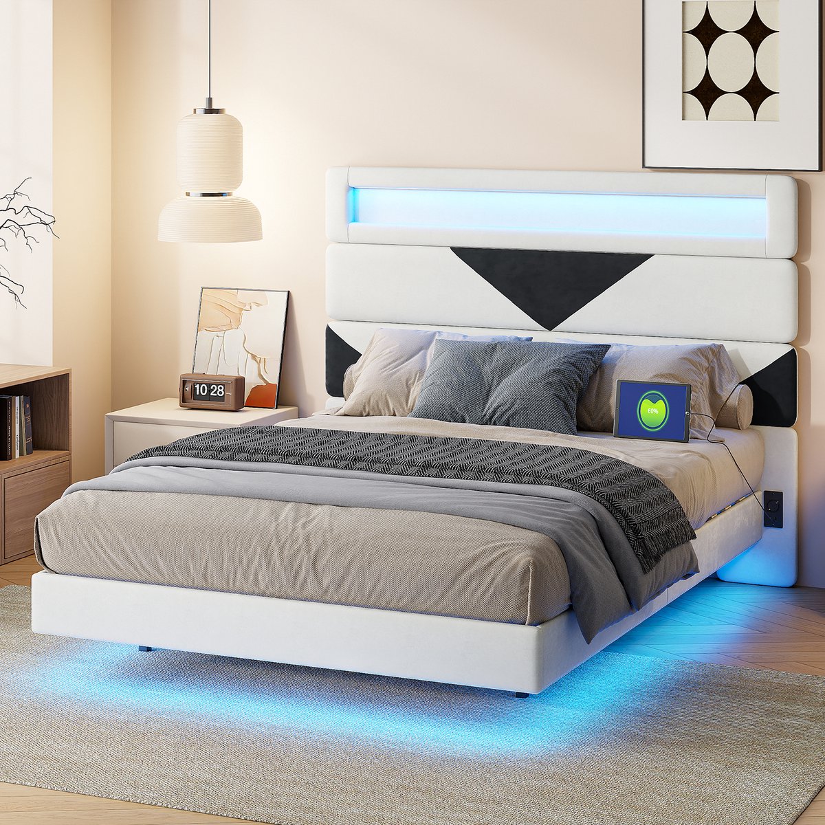 Tweepersoonsbed 160x200 cm met LED en USB, Zwevend design, Fluweelstof, Bedframe voor volwassenen en tieners, Driehoeken wit