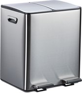 CASABEL Keukenprullenbak Gescheiden Afval 60L - 2 x 30 L, Dubbele Compartimenten, Chroom Roestvrij Staal, Rechthoekige Recyclingprullenbak met Pedaal, Vingerafdrukbestendig, Geurvrij, Frans Bedrijf