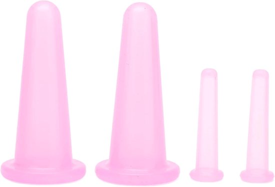Vier roze gezichtscupping-bekers in verschillende maten, van groot naar klein.