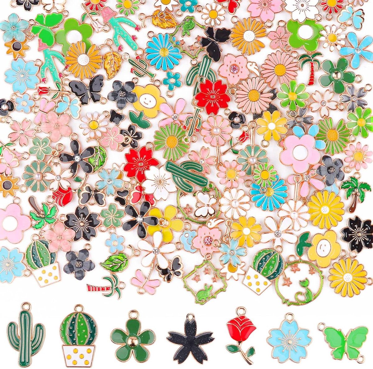 ByShane - 140 stuks diverse emaille bedels in bloemen thema - voor sieraden maken - gelegeerd staal
