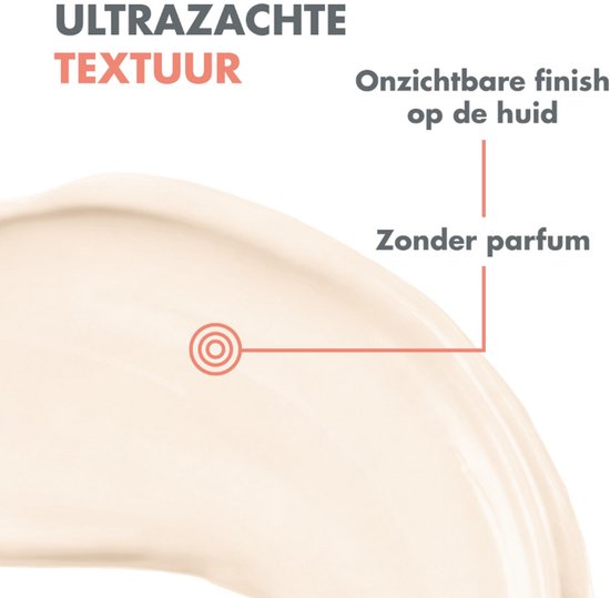 Illustratie van crèmetextuur met de tekst "Ultrazachte textuur", "Onzichtbare finish op de huid", "Zonder parfum".