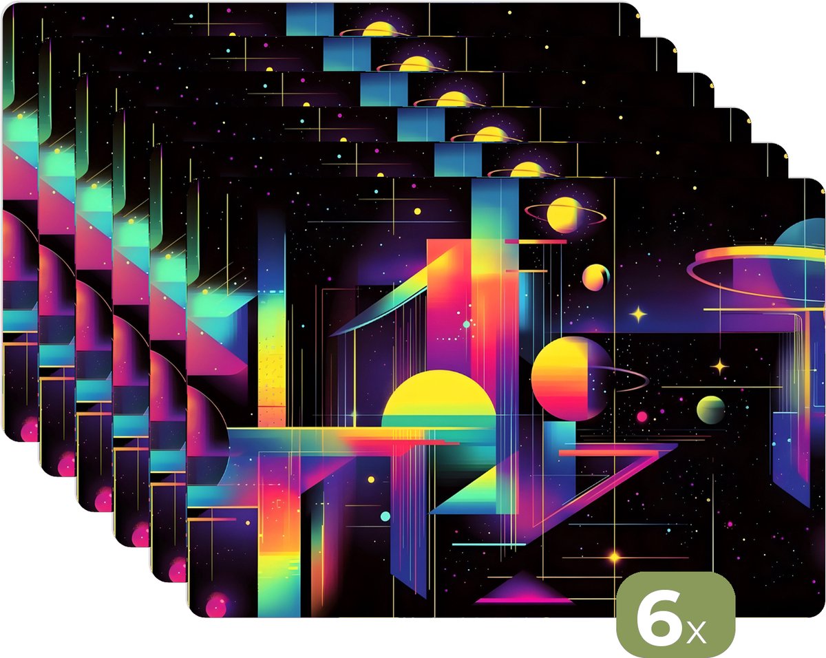 Placemats - 6 stuks - 45x30 cm - Placemat kunststof - Abstract - Vormen - Kleurrijk - Lijnen - Borden onderleggers - Decoratie voor op tafel - Keuken tafeldecoratie accessoires - Vinyl onderlegger - Tafelversiering