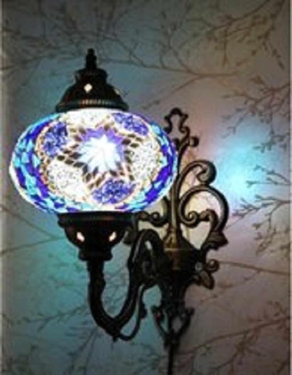 Oosterse Lamp - Wandlamp blauw - Mozaïek Lamp 28 cm - Handgemaakt - E14 LED inbegrepen