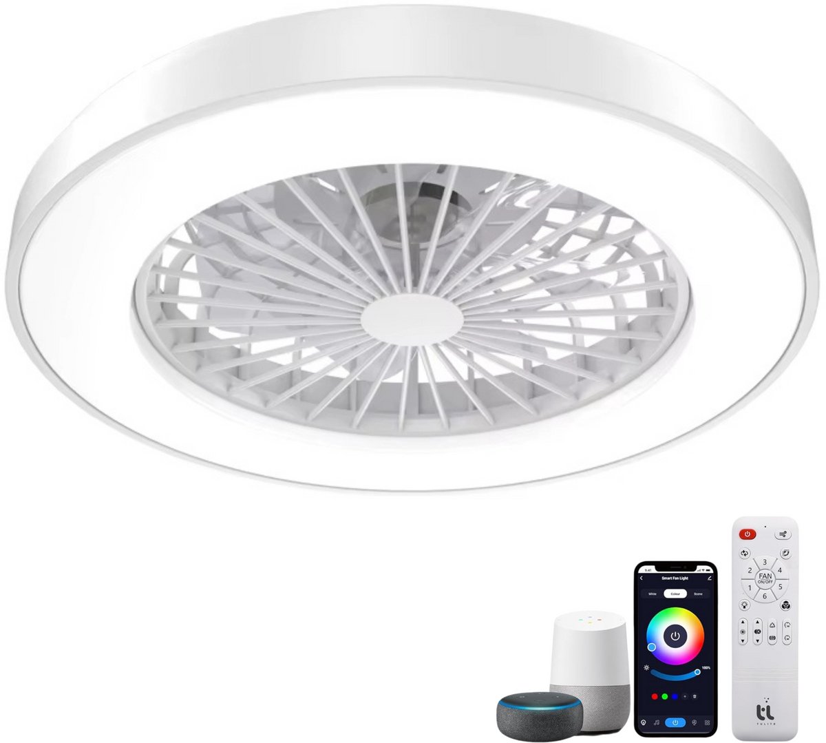 Slimme Plafondventilator met LED Verlichting - App & Afstandsbediening - Plafondlamp met Ventilator - Fluisterstil - Slaapkamer - Woonkamer - Kinderkamer - Ø50 cm - Wit