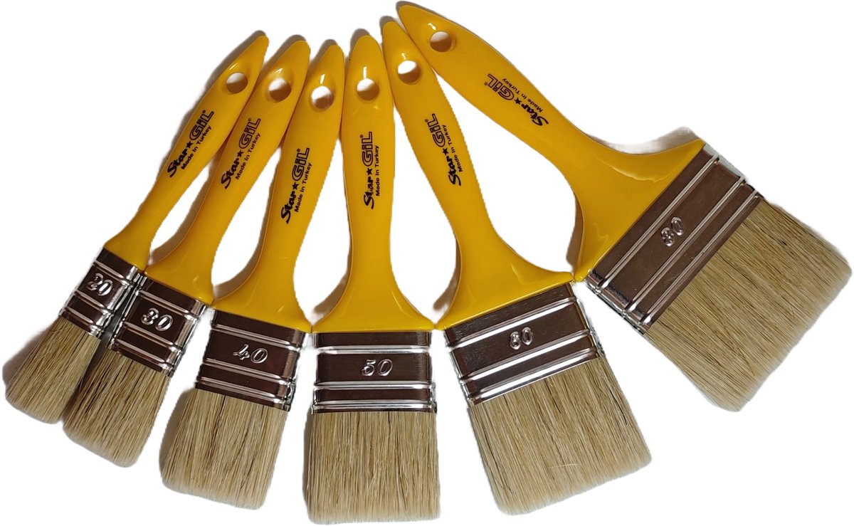 Stargil Platte Kwast set 6 stuks Maat 20 t/m 80 - Verfkwasten - Afplakkwast - Kwast Voor Verf - Platte kwast - Maat 20, 30, 40, 50, 60, 80