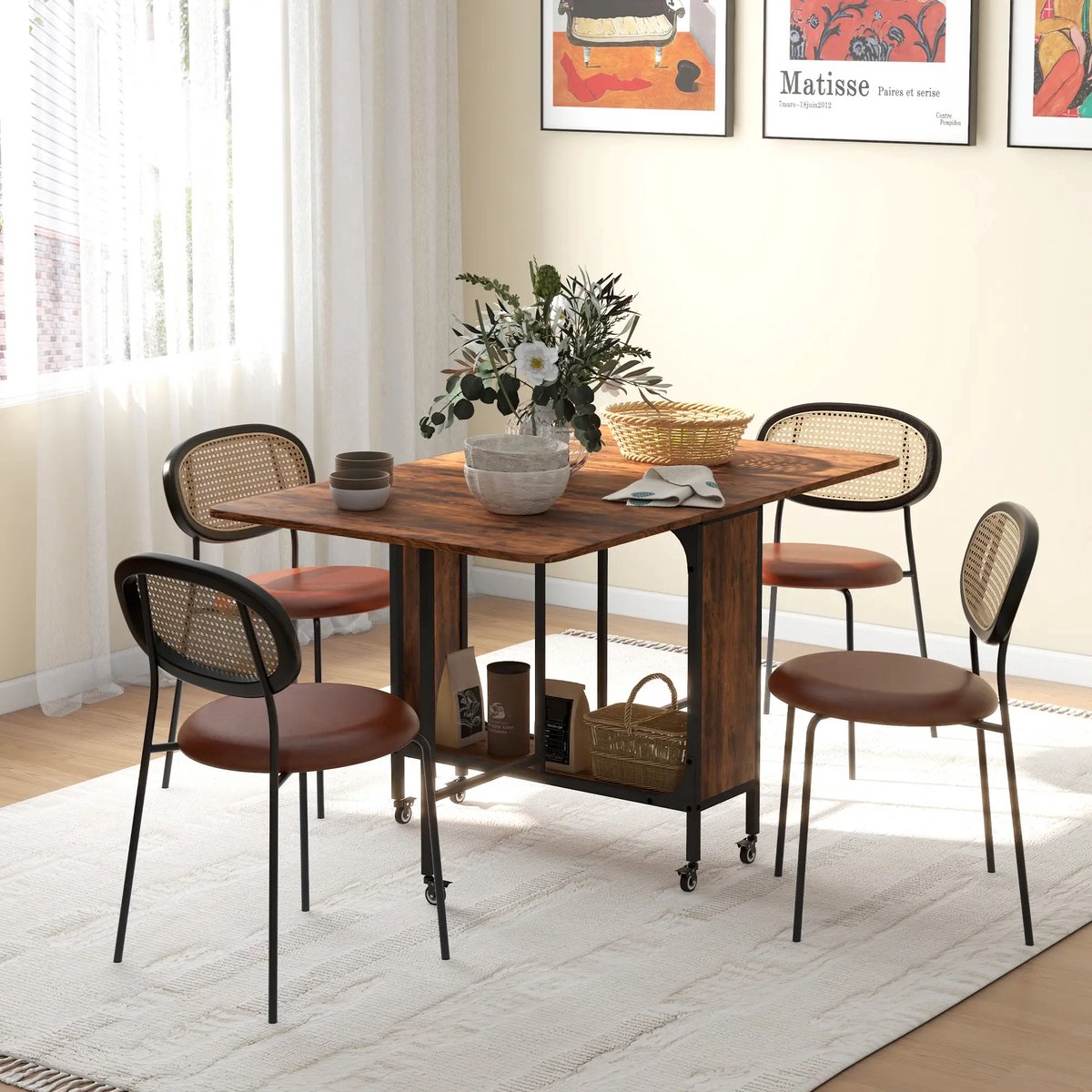 Pugsdrly Opvouwbare eettafel, mobiele klaptafel voor 6 personen, met opbergruimte, belastbaar tot 50 kg, 130 x 80 x 74 cm, roodbruin