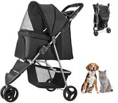 Opvouwbare Hondenwagen, Draagvermogen 16 Kg, Buggy met 3 Wielen, Gaasramen & Bekerhouders, Kinderwagen met Rem, Geschikt voor Kleine Tot Middelgrote Dieren