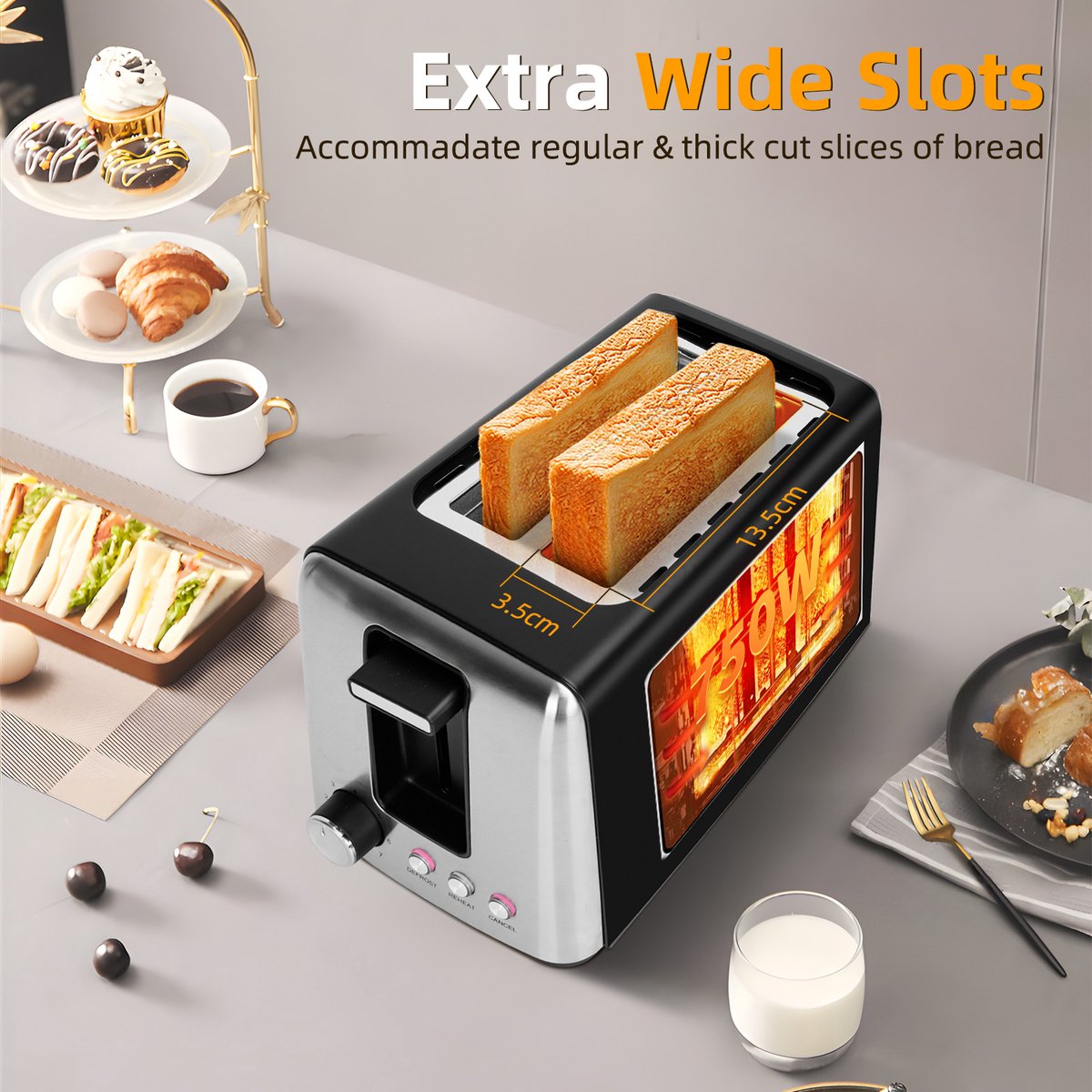 Aigostar 30A49 Delish - Broodrooster - Toaster - 2 Extra Brede Sleuven - 7 Warmteniveaus - Met Externe Grill - Reheat en Ontdooi-functie - 750W - Zwart thumbnail 5