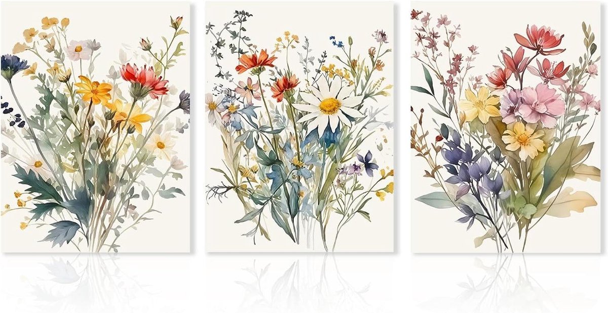 Inovra Plus - Aquarel Bloem Muurdecor: Set van 3 Kleurrijke Wildbloem Canvas Prints - Botanische Wandkunst voor Slaapkamer en Woonkamer - Afmeting 12x16 inch - Niet Omlijst