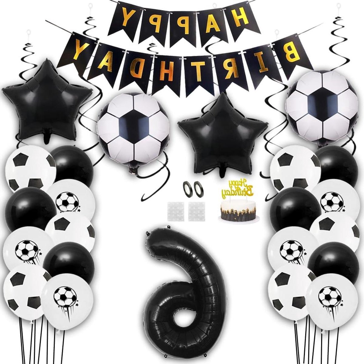 Allecto Plus - Voetbal feestdecoratie set voor 6 jaar verjaardag - Groen themafeest - Voor jongens - Happy Birthday banner - Taartdecoratie