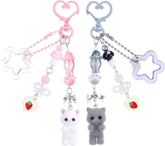 Allecto Plus - Kattensleutelhanger Pluche - Schattig - Hart en Ster - Kattenliefhebbers - Vriendin - Dames - Roze Grijs - 2 Stuks - 13 cm