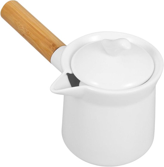 Inovra Plus - Theepot keramische melkwarmer met houten handvat en deksel - 350 ml - Kookpan voor melk en koffie - Boterwarmer - Melkpan