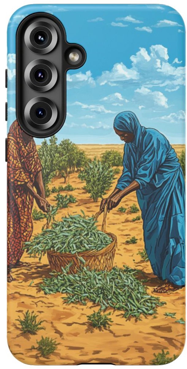 Vrouwen Oogsten Groen in Woestijnlandschap – Telefoonhoesje Geschikt voor Galaxy S25 Plus