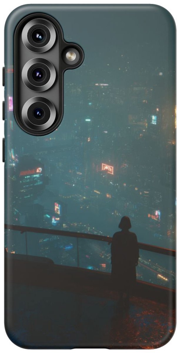 Silhouet met Uitzicht op Neon Stadsgezicht – Telefoonhoesje Geschikt voor Galaxy S25