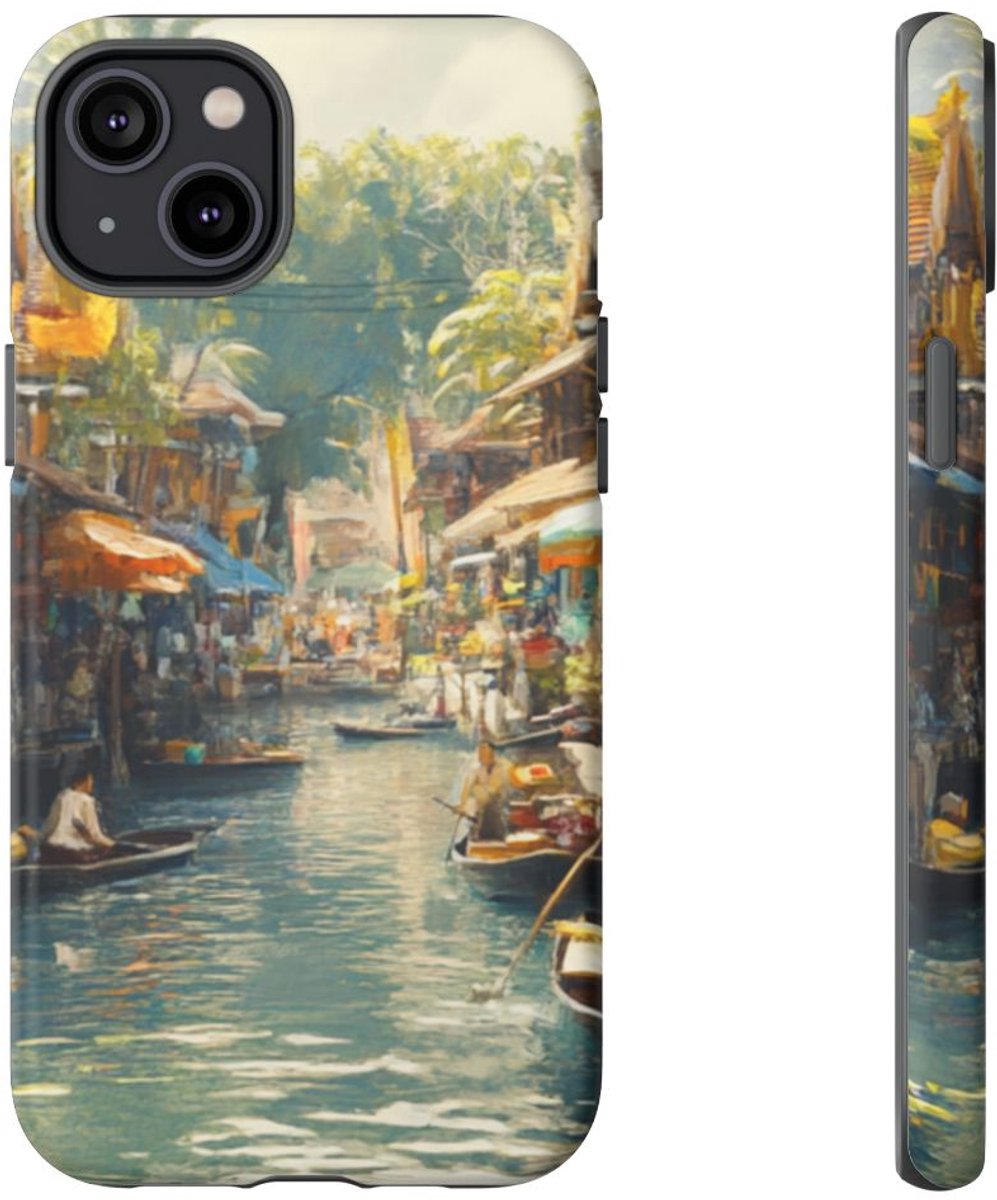 Levendige Watermarkt met Boten en Kramen – Telefoonhoesje Geschikt voor iPhone 14 Plus